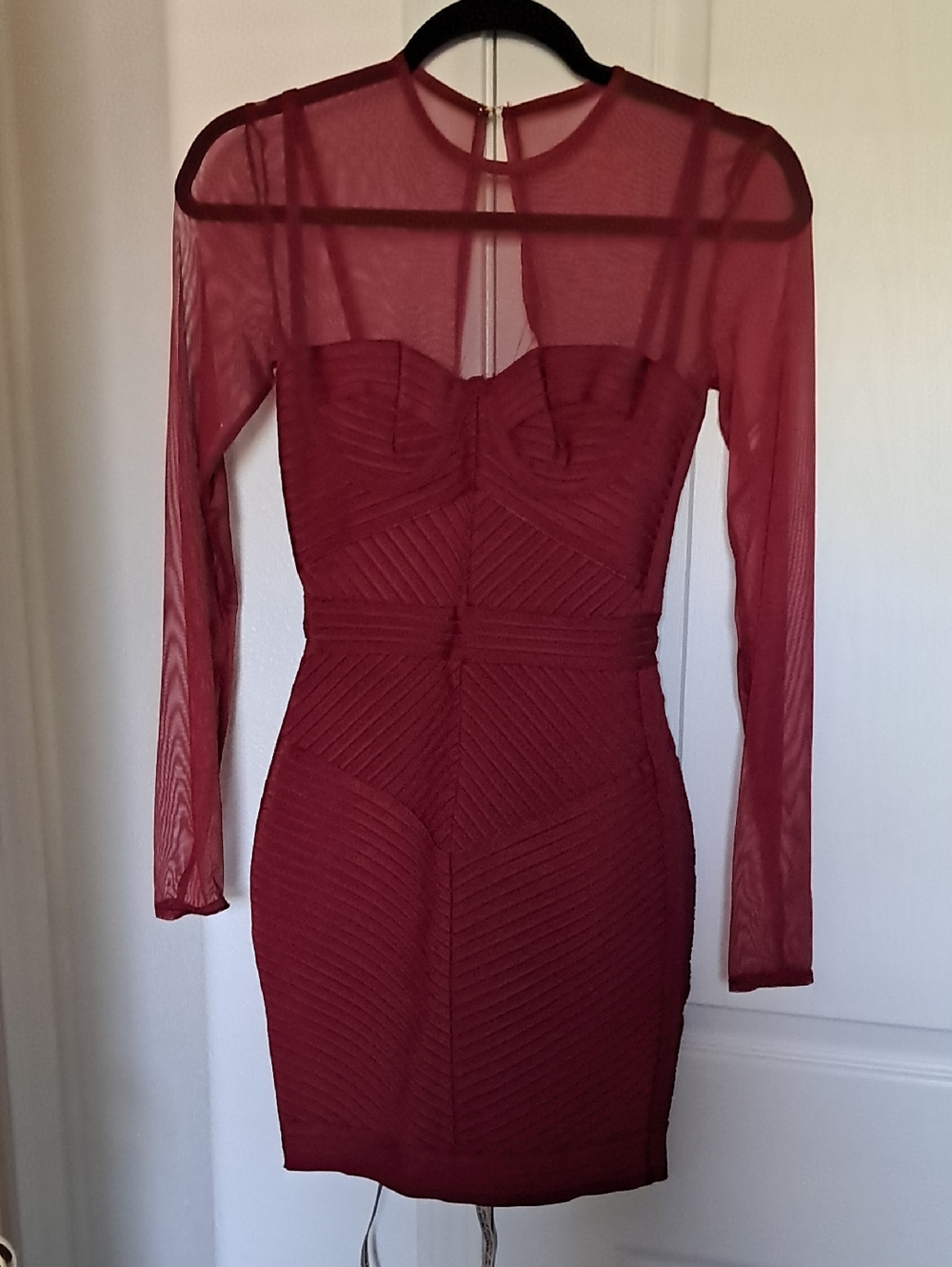 Sheer-Sleeve Bodycon Dress in Burgundy